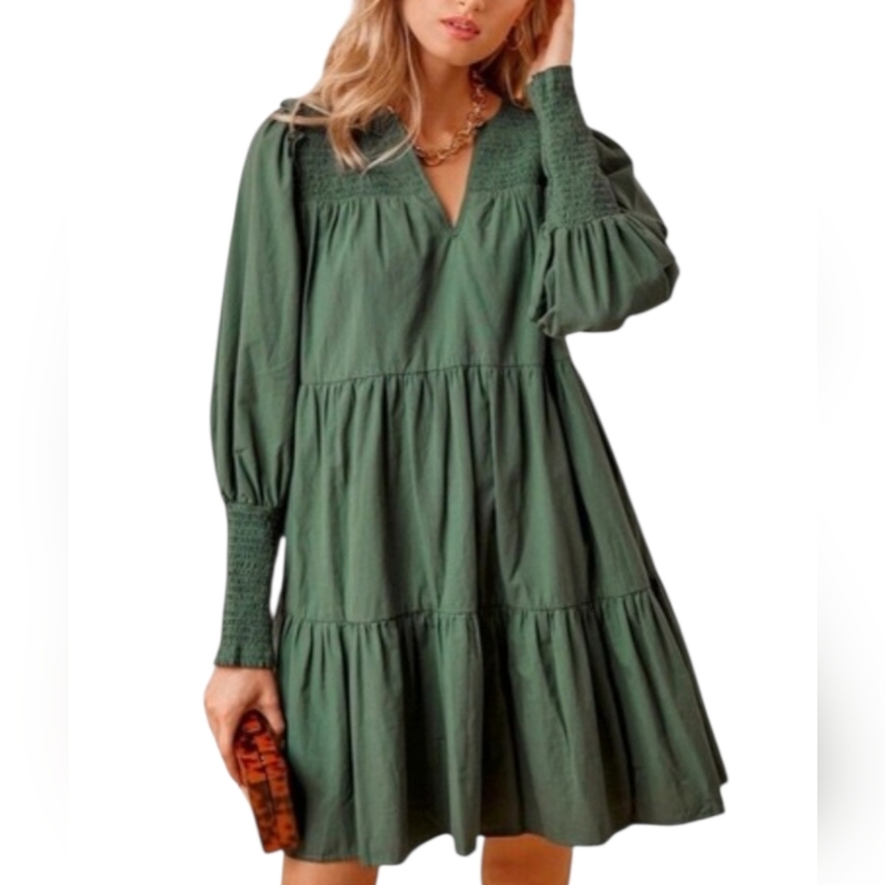 Tuckernuck Pomander Place Ceci Smocked Mini Dress Green Tiered Cotton Medium